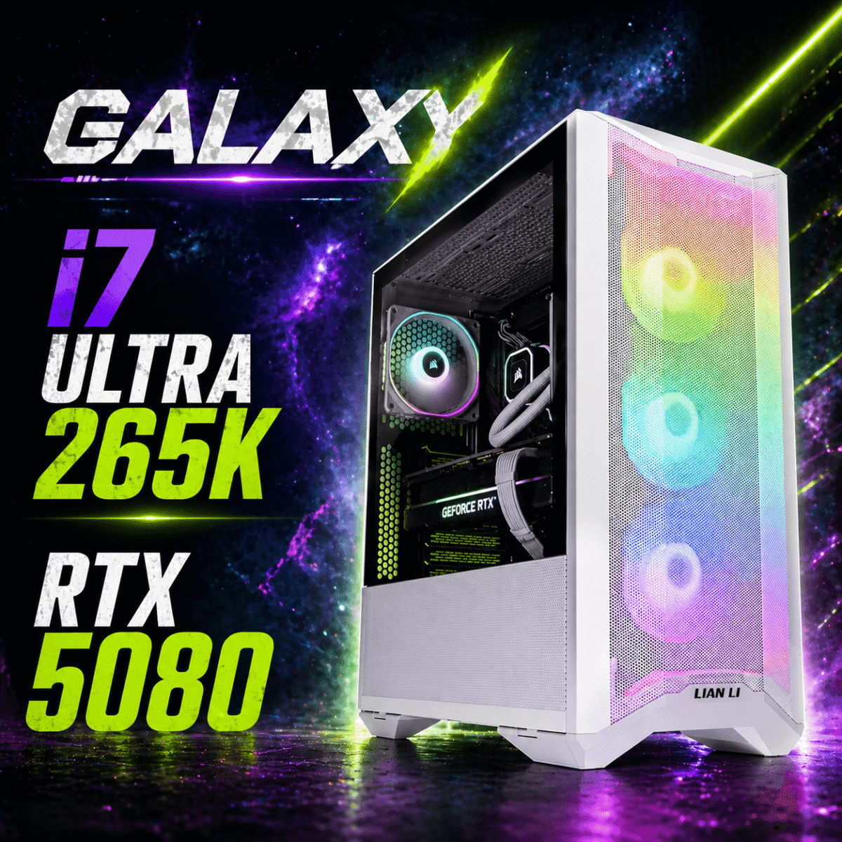 PC gamer Galaxy i7 Ultra 265K avec RTX 5080 dans boîtier RGB blanc, configuration haut de gamme pour gaming et création