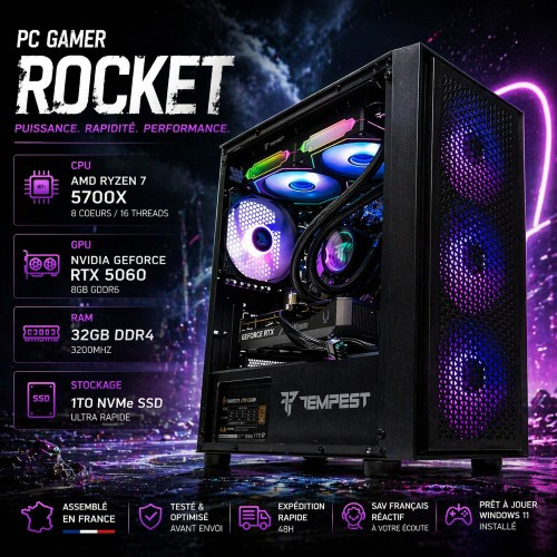 PC Gamer Rocket - Ryzen 7 5700x +RTX 5060-32Gb RAM -1To SSD