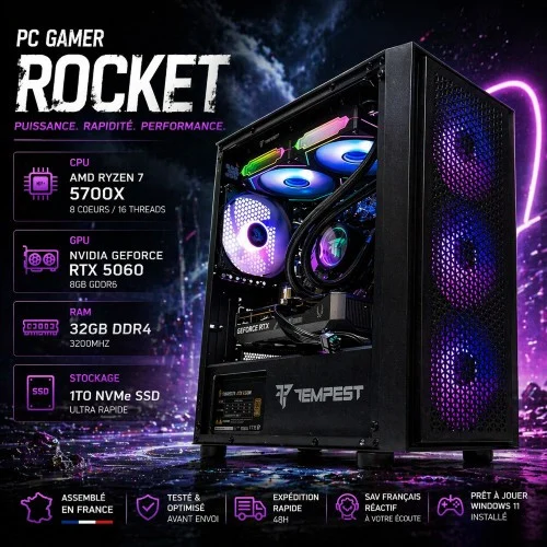 PC Gamer Rocket - Ryzen 7 5700x +RTX 5060-32Gb RAM -1To SSD