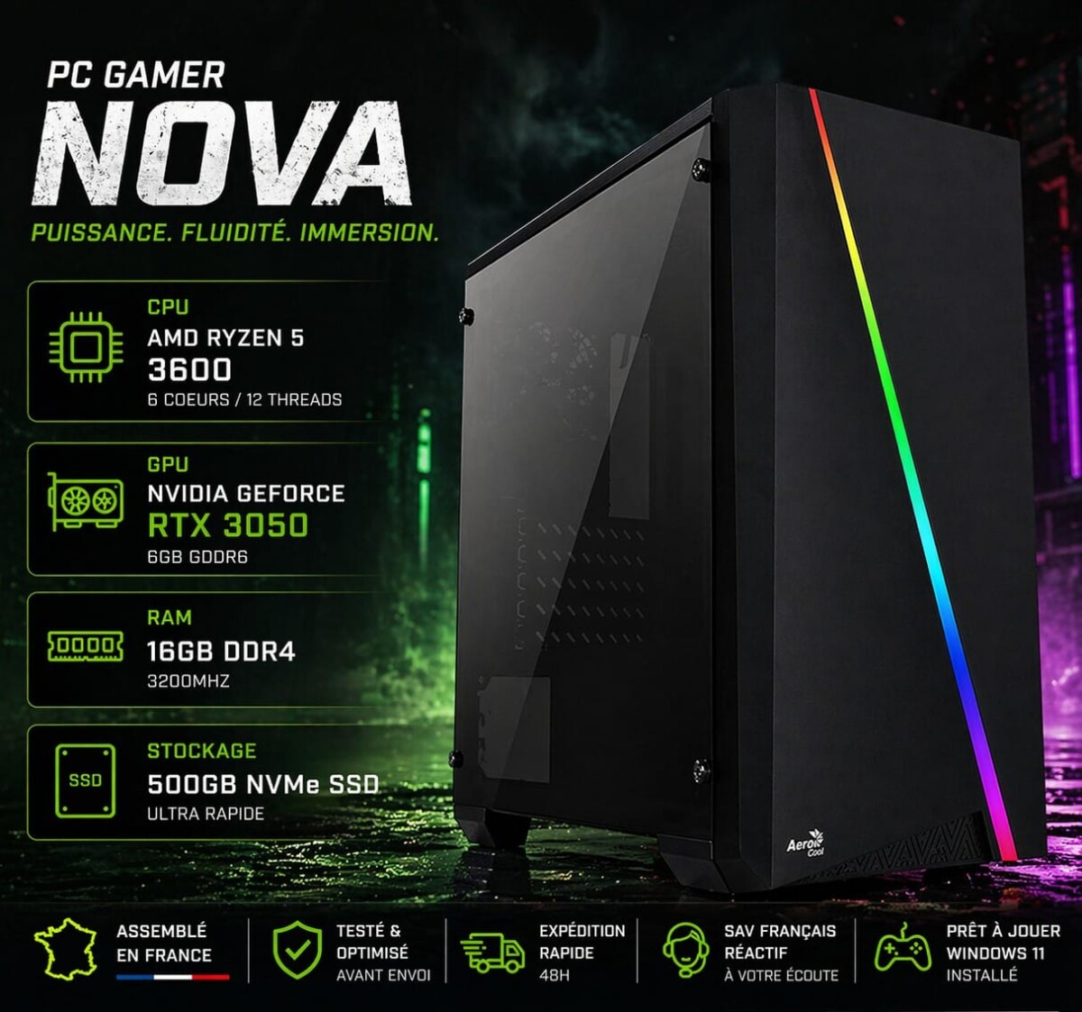 PC gamer Ryzen 5 3600 RTX 3050 16GB RAM 500GB SSD assemblé en France PC66 Nova prêt à jouer