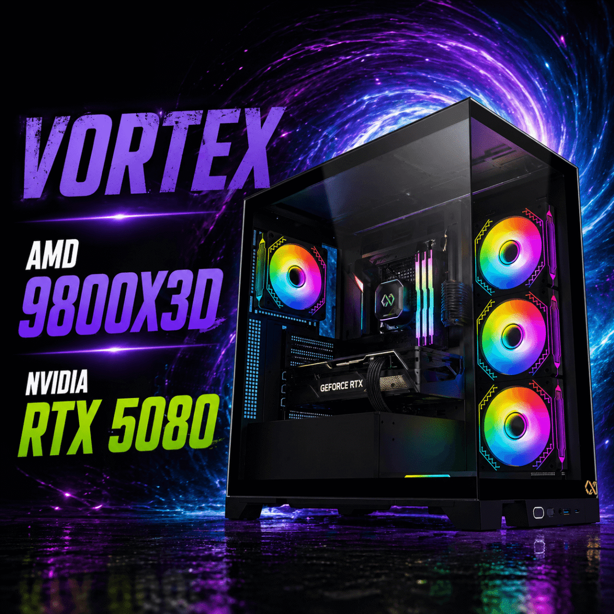 PC gamer Vortex Ryzen 9800X3D avec RTX 5080 dans boîtier RGB haut de gamme, performances extrêmes pour gaming