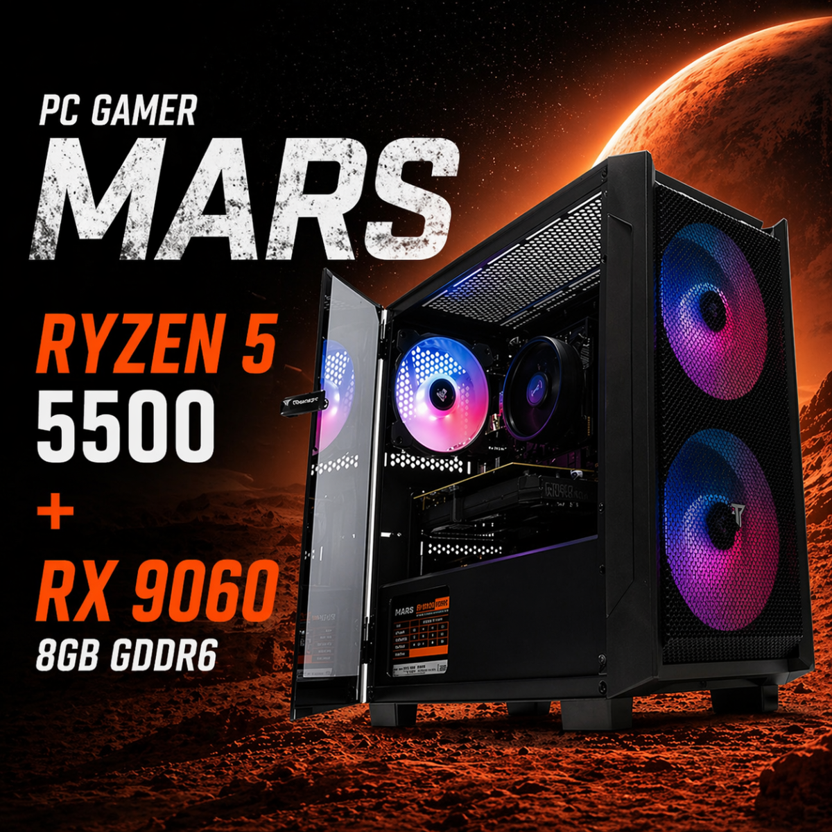 PC Gamer Mars - Ryzen 5 5500 +RX9060 8G-16Go RAM-1To SSD