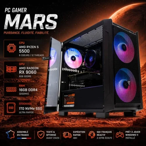 PC Gamer Mars - Ryzen 5 5500 +RX9060 8G-16Go RAM-1To SSD